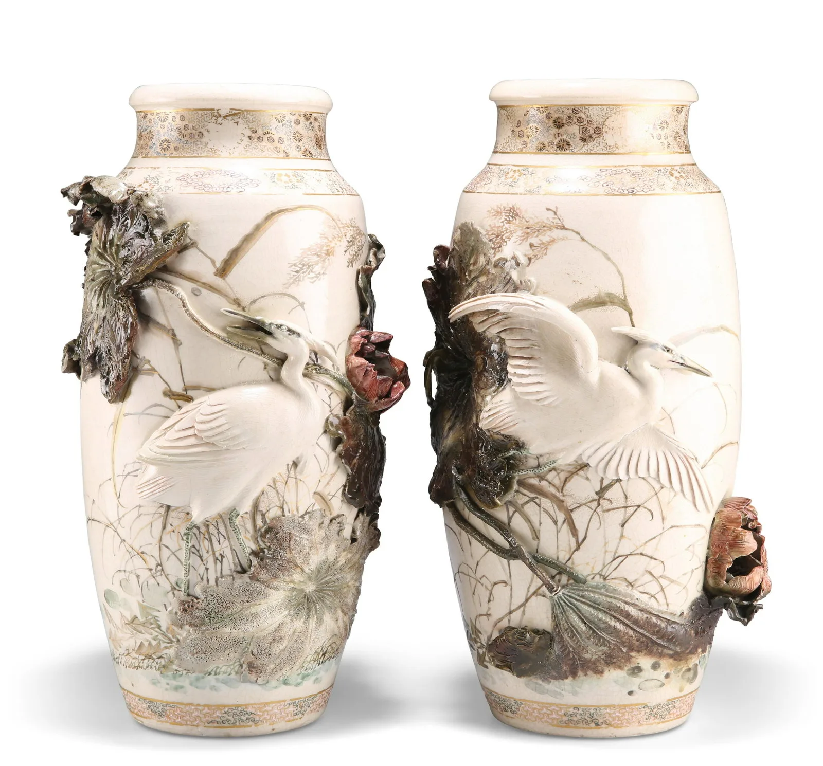A LARGE PAIR OF JAPANESE SATSUMA VASES WITH APPLIQUÃ‰