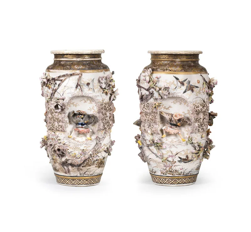 A pair of large ovoid vases with appliqué decoration Attributed to Makuzu Kozan,