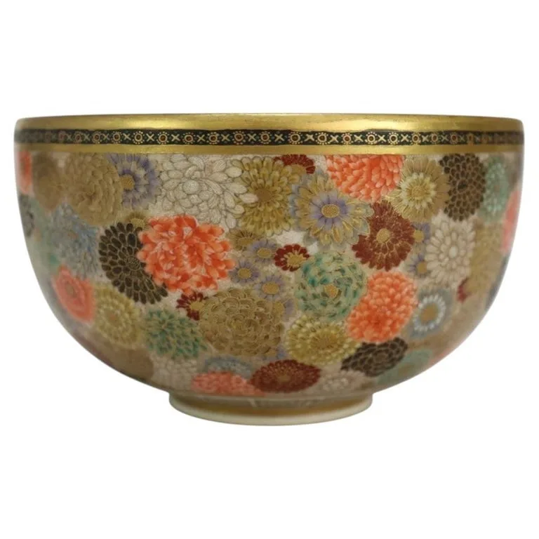 Yabu Meizan Japanese Satsuma1000 Flowers Gilt Pottery Bowl