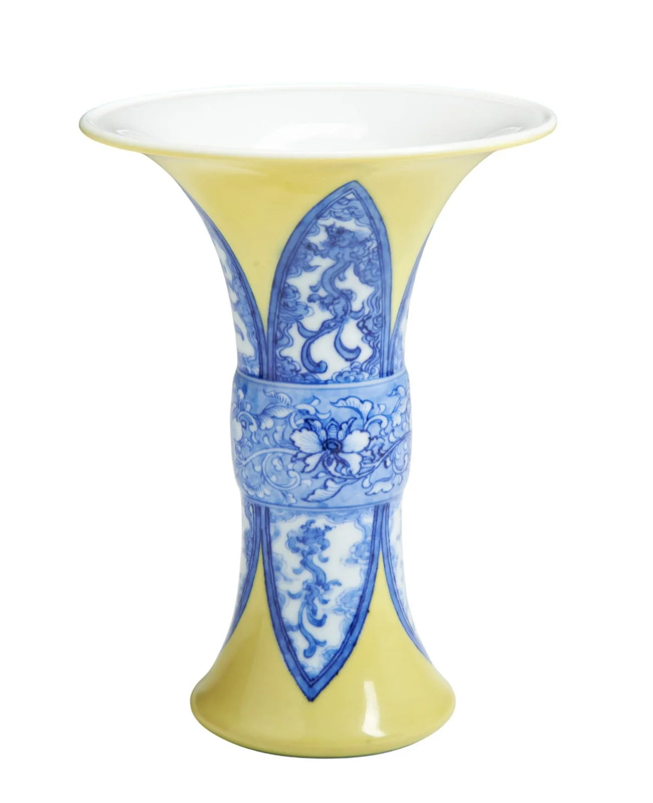 MIYAGAWA (MAKUZU) KOZAN (1842-1916) A YELLOW-GROUND UNDERGLAZE-BLUE GU-FORM VASE