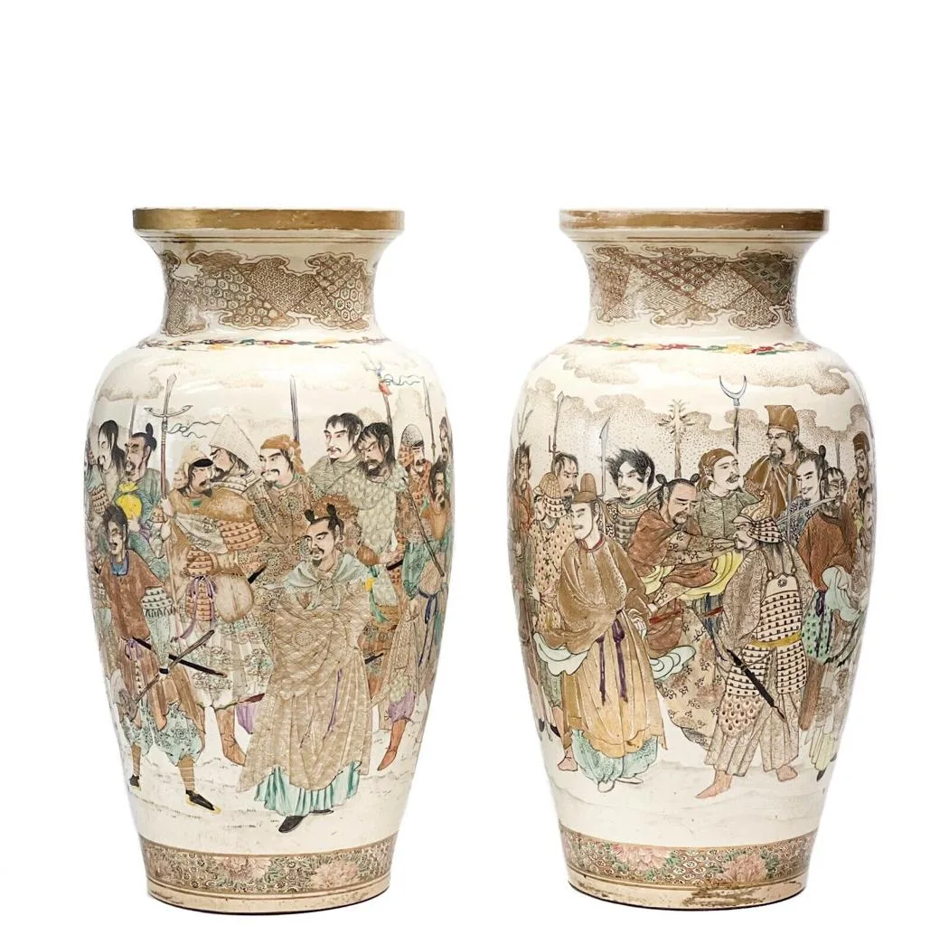 Pair Large Japanese Satsuma Hand Painted Porcelain Vases Warrior Scenes Meiji